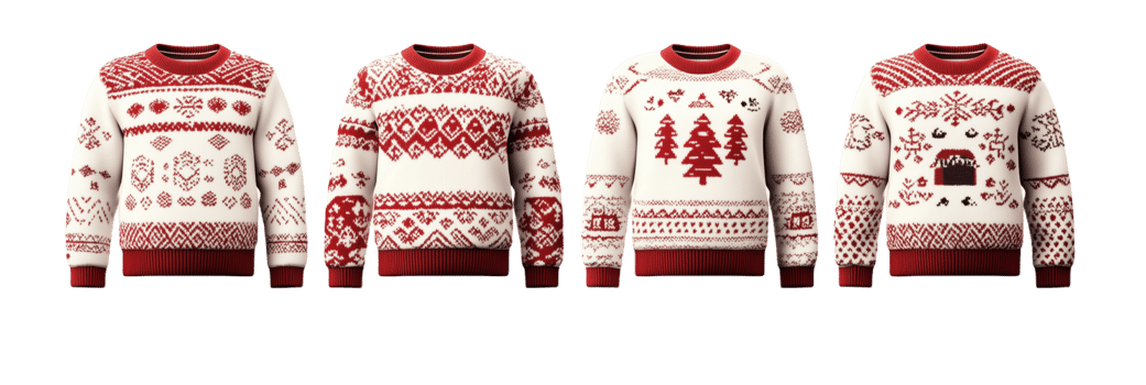 Collecti of cozy Christmas-patterned sweaters displayed neutral png