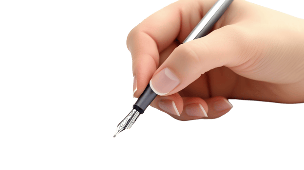 A hand gracefully holds a pen to sign an important document on a clean surface png