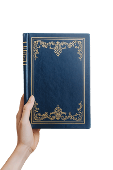 A person holding a blue hardcover book with gold detailing against a neutral png