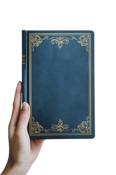 A person holds a blue hardcover book with intricate gold detailing in their hand png