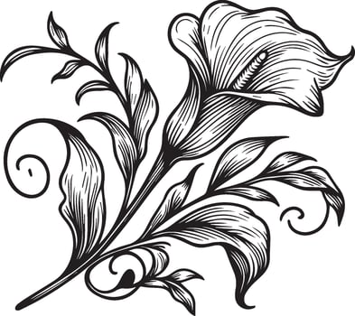 Coloring pages for children, Easy calla flwoer line art hand drawing Illustration sketch contour bouquet of artistic calla flowers hand drawing pencil art, isolated Realistic flower coloring pages vector