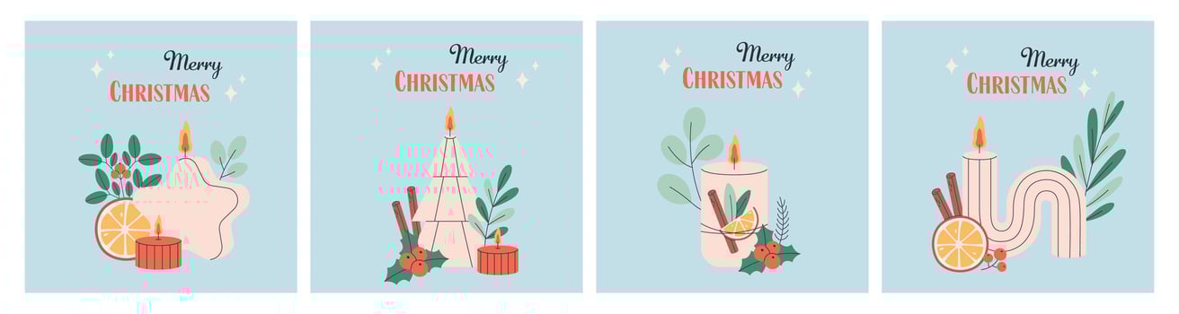 Greeting cards with Christmas candles. Hand drawn candles with Christmas floral decorations. Winter design. vector
