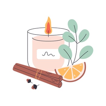 Christmas candle. Hand drawn candle with Christmas floral decorations, orange and cinnamon. Winter design vector