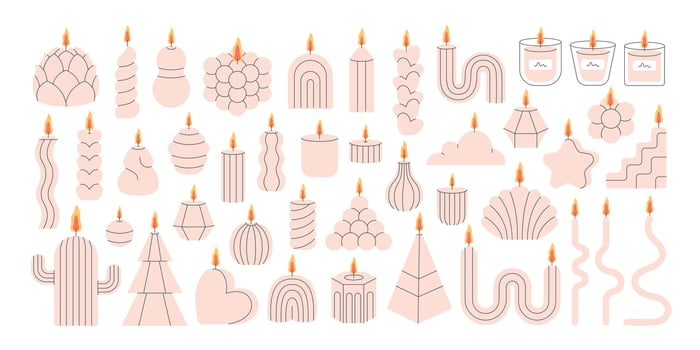 Decorative aromatic candles various shapes. Burning scented candles, home interior and aromatherapy vector