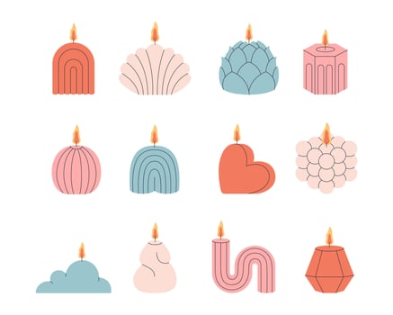 Decorative aromatic candles various shapes and colors. Burning scented candles, home interior, aromatherapy. vector