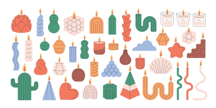Big set of cute decorative candles. Burning scented candles, home interior vector