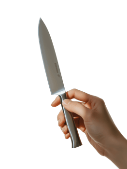 A person holds a stainless steel kitchen knife in a bright, minimalistic setting png