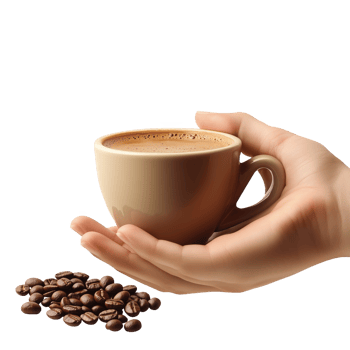 A person holding a steaming cup of freshly brewed coffee with coffee beans nearby png