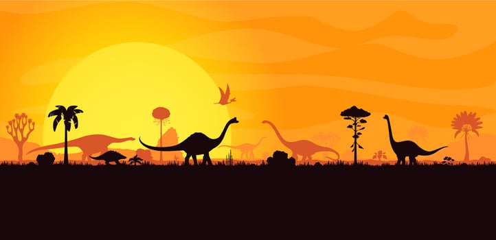Dinosaurs silhouettes in sunset Jurassic landscape vector