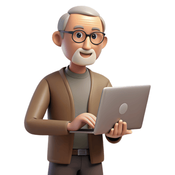 Old man with glasses works on a laptop 3d icon isolated png