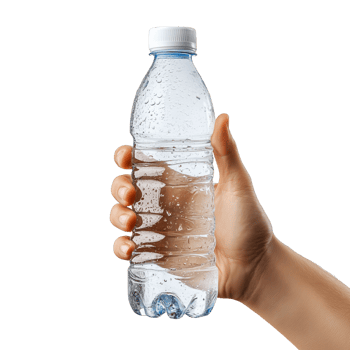 Person holding a water bottle with condensation in a bright setting on a warm day png