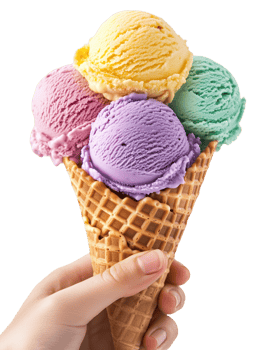 Colorful waffle cone filled with four scoops of ice cream in a hand png