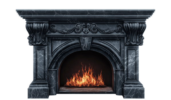 Elegant black marble fireplace with a warm fire glowing during a cozy evening png