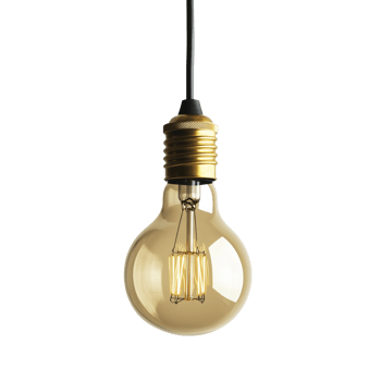 Golden light bulb hanging from a black wire against a plain png