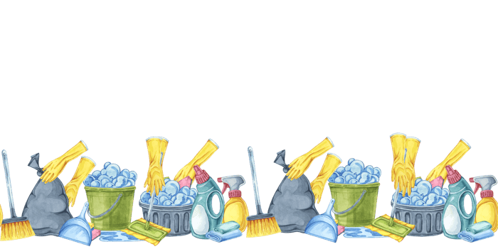 Cleaning scene with hands in yellow rubber gloves. Watercolor seamless border. Dynamic clipart for cleaning services, housekeeping businesses, digital content, website banners, promotional flyers png