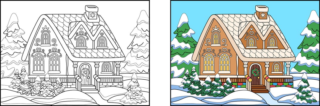 Christmas doodle coloring gingerbread house. Fairytale sweet house in the forest. Antistress coloring for adults and children. Colored and black and white version. vector