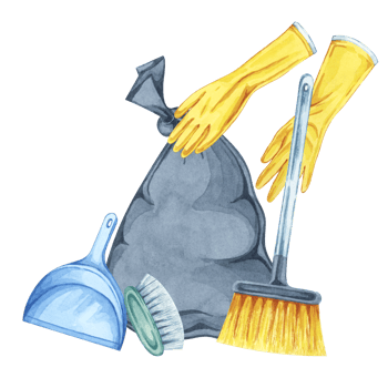 Black trash bag, dustpan, broom and hands in yellow rubber gloves. Watercolor illustration of household cleaning utensils. Clipart for garbage collection, housekeeping, janitorial service, flyers png