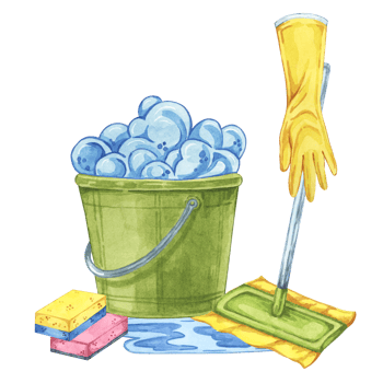 Bucket with soap foam, rubber gloves and wet mop composition. Watercolor illustration of household cleaning utensils. Clipart for home maintenance, housekeeping, janitorial or maid service, flyer png