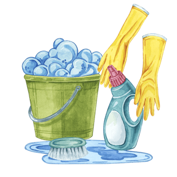 Bucket, rubber gloves, cleaning solution or detergent bottle. Watercolor illustration of household cleaning utensils. Clipart for home maintenance, housekeeping, janitorial or maid service, flyer png