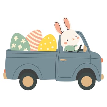 Flat illustration on Easter theme on white background. Cute bunny rides on a truck and carries Easter eggs vector