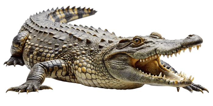 Large crocodile resting on sandy shore at sunset png