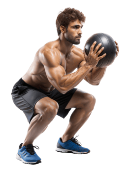 Man squatting with a medicine ball indoors png