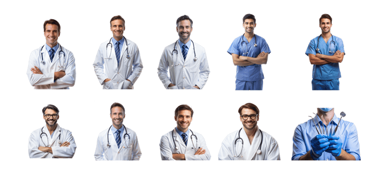 Varied healthcare pros in diverse attire png