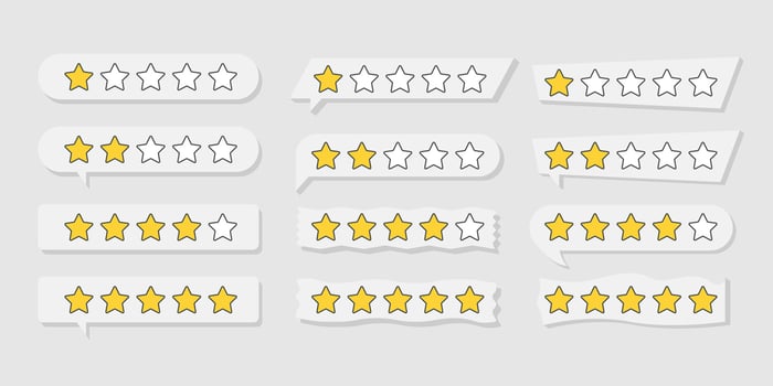 Five star rating, positive feedback modern style. Customer review with five metallic golden stars in speech bubble. Service satisfaction, quality, good rate vector