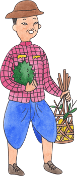 Thai man standing holding a fruit basket, hand-drawn watercolor illustration png