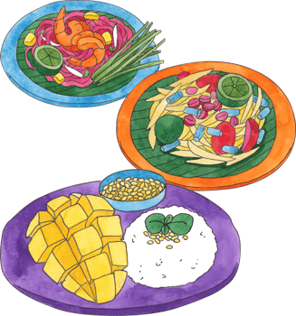thai papaya salad, pad thai with shrimp, and mango sticky rice, hand-drawn watercolor illustration png