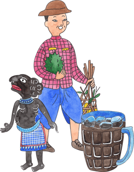 ai tang shadow puppet, a man with a fruit basket, and o-liang drink, hand-drawn watercolor illustration png