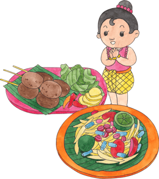thai papaya salad, isan-style sausage, and a girl in traditional clothing, hand-drawn watercolor illustration png