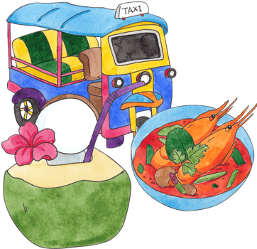 tuk-tuk, tom yum goong, and coconut with red flower, hand-drawn watercolor illustration png