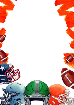 Red paintbrush strokes and multi-colored American football helmets, balls flying around., hand-drawn watercolor frame design png