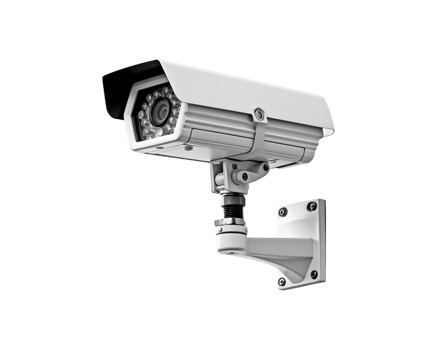 A security camera positioned against a plain white transparent, emphasizing its design and functionality. png