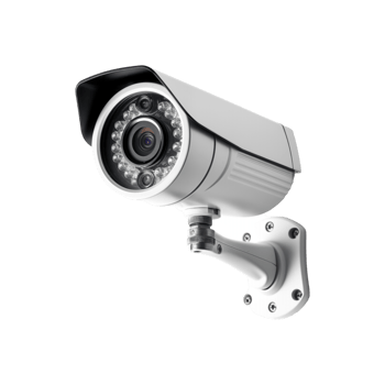 A security camera positioned against a plain white transparent, emphasizing its design and functionality. png