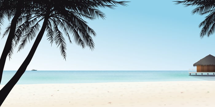Minimalist seascape with overwater bungalow and silhouette palm trees graphic illustration have blank space. vector