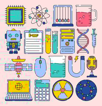 science and technology icon illustration with bright colour palette in flat design style for education and future technology theme design. vector