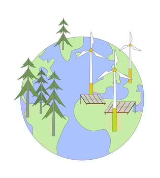 Renewable power generation on planet earth 2D cartoon object. Global electricity production with green energy sources isolated element flat clipart on white background. Spot illustration vector