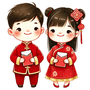Cute cartoon boy and girl in traditional outfits holding red envelopes, Chinese New Year png