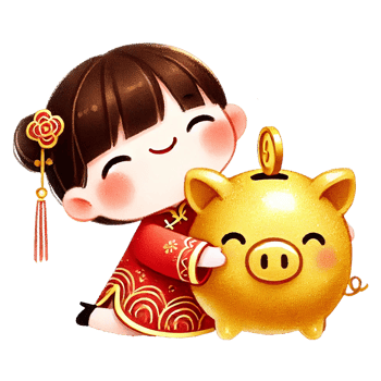 Happy child with a golden piggy bank, celebrating prosperity, Chinese New Year png