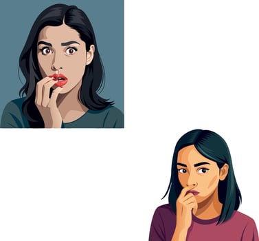 Worried woman biting her nails showing anxiety and fear vector