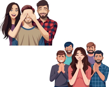 Friends covering eyes and making surprise for woman vector