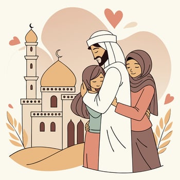 Muslim family with children in front of mosque illustration vector