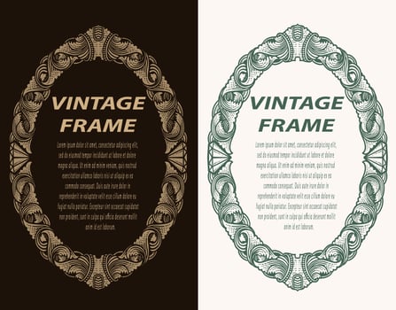 Oval vintage frame, decorative border engraving, Victorian and baroque style design. Elegant royal style frame shape with swirls, filigree, floral. For label, tag and invitation vector