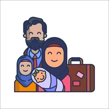 Muslim family with luggage and baby icon vector