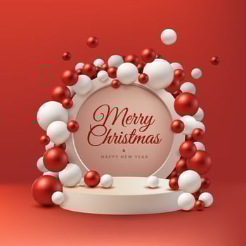 A red and white 3D Christmas podium scene with shiny holiday spheres hanging above, ideal for festive promotions, gift displays, or greeting card templates. Modern and elegant. Not AI. vector
