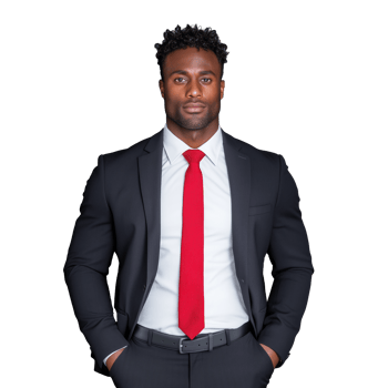 Confident young businessman in formal black suit and red tie standing against transparent background png