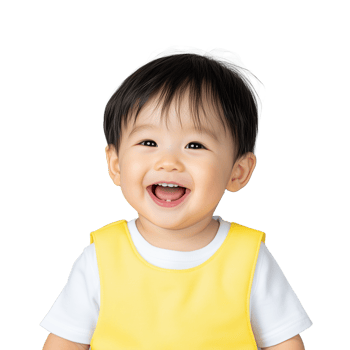 Happy toddler in yellow overalls smiling with joy on transparent background png