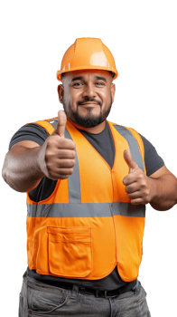 Smiling construction worker in orange vest and hard hat giving thumbs up on transparent background png